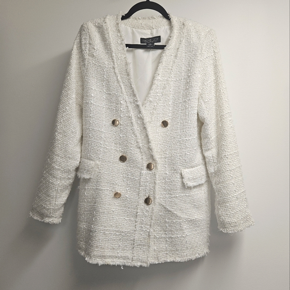 Rachael Zoe White Tweed Blazer with Gold Buttons